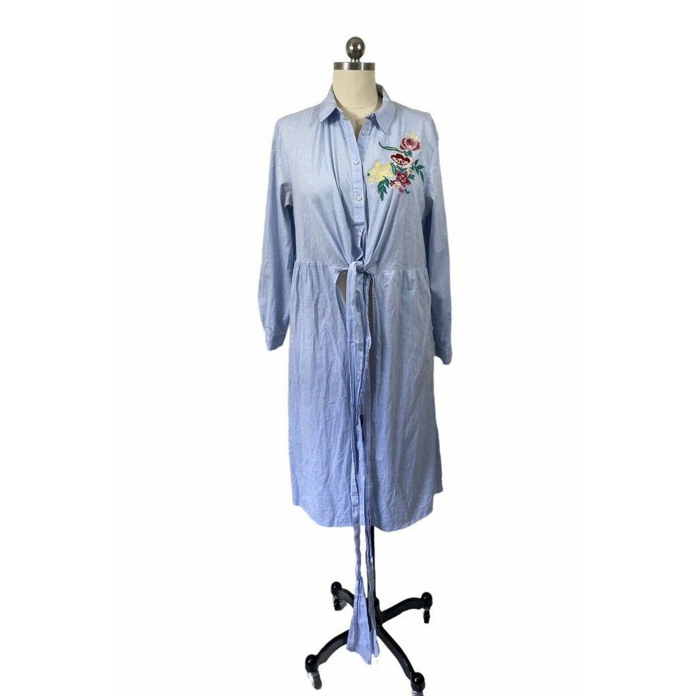 Zara Womens Shirt Maxi Duster Medium Blue Embroidered Floral Collared Tie Front